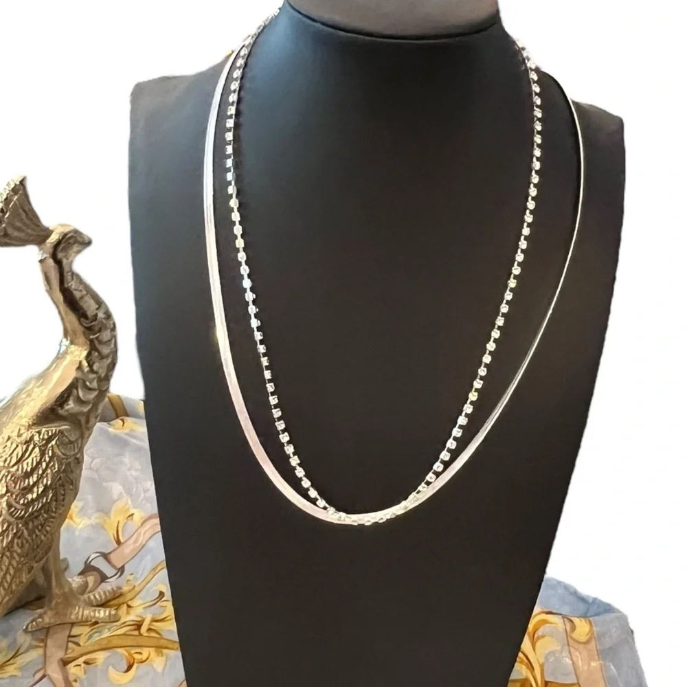 Claire's Silver And Rhinestone Necklaces -2- Snake Style And Square‎ Rhinestones